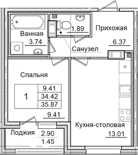 1-комнатная квартира 35.87 м², 6/9 эт., ЖК «Квартал Заречье»